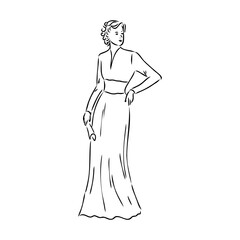 Black and white retro fashion model in sketch style. Hand drawn vector illustration
