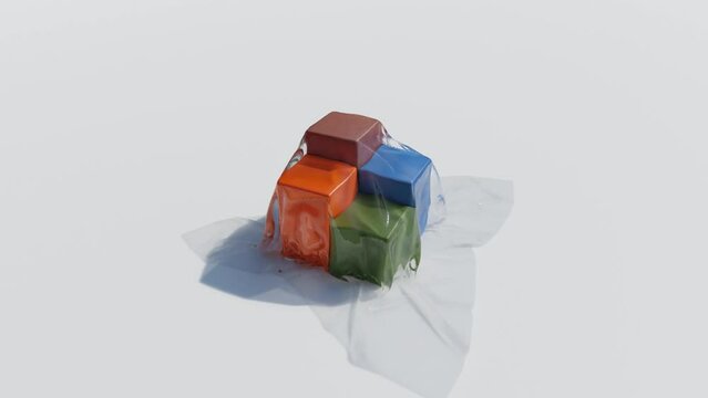 3d render video of colored stat bars falling down a transparent cloth,economic concept, 4k resolution