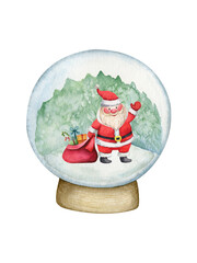 Snow globe with Santa Claus with a bag of gifts inside. Watercolor illustration isolated on white.