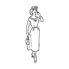 Black and white retro fashion model in sketch style. Hand drawn vector illustration
