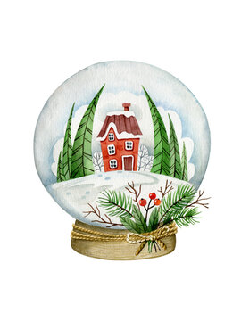 Snow globe with red house and fir trees inside. Watercolor illustration isolated on white.