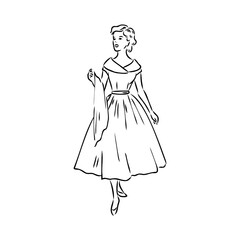 Fototapeta premium Black and white retro fashion model in sketch style. Hand drawn vector illustration