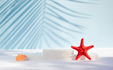 Modern product display on blue background with product podium, starfish, seashell and tropical palm leaf shadow. Suitable for Product Display and Business Concept.