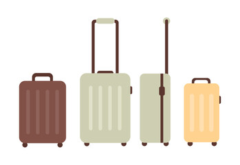 Cartoon colored baggage bag set isolated on white background. Different plastic luggage vector flat illustration. Various travel suitcases, business bags, and backpack
