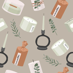Seamless pattern of modern scented candles made of soy and coconut wax, various craft designs handmade candles in glass jars, tools. Home aromatherapy, hygge home decoration set, vector illustration