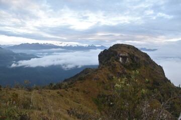 Fototapeta na wymiar Hiking in the beautiful lush green cloud forests and Andes Mountains on the Inca Trail in Peru
