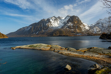Incredible and famous mountain scenery by the sea in springtime in Norway in the Lofoten Islands.