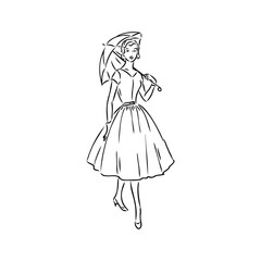 Fototapeta premium Black and white retro fashion model in sketch style. Hand drawn vector illustration