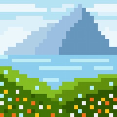 Lake landscape pixel art. Vector illustration.
