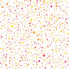 Pink, yellow, and orange stars and circles pattern on the white background. Vector illustration.