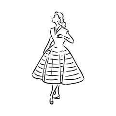 Black and white retro fashion model in sketch style. Hand drawn vector illustration