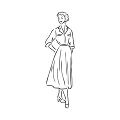 Black and white retro fashion model in sketch style. Hand drawn vector illustration