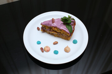 delicious appetizing food dish   meat cake roll pie on a plate in a restaurant