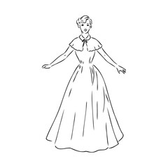 Black and white retro fashion model in sketch style. Hand drawn vector illustration