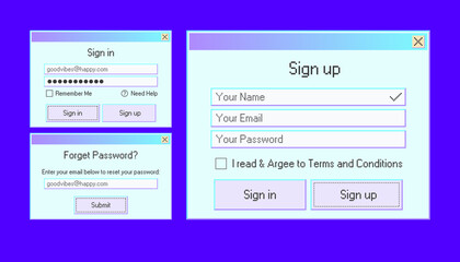 Login retro ui form design. Vector sign in page template from 90s old pc inerface. Forget password form for user experiance