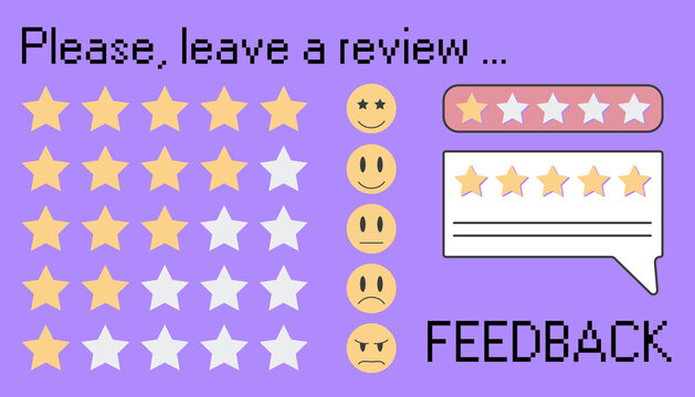 Leave a review with five stars. Feedback bubble with rate. User experience ranking or opinion survay to mark the progress