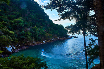 paradise tropical mexican beach with forest around and turquoise sea and one boat in colomitos beach in boca de tomatlan puerto vallarta jalisco  - obrazy, fototapety, plakaty