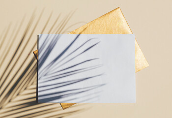 Top view of green tropical leaf shadow and two envelopes. Flat lay. Minimal summer concept with...