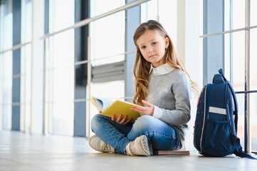 Front view of pretty blonde school girl holding many colorful notes and books. Clever teen girl smiling at camera, standing on corridor of international school.