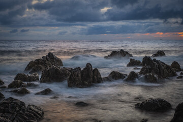 Sunrise on Reis Magos beach. Canico, Madeira, Portugal. October 2021. Long exposure picture