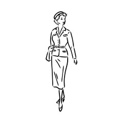 Black and white retro fashion model in sketch style. Hand drawn vector illustration