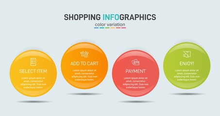 Concept of shopping process with 4 successive steps. Four colorful graphic elements. Timeline design for brochure, presentation, web site. Infographic design layout.