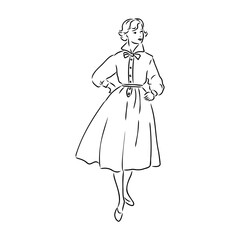 Black and white retro fashion model in sketch style. Hand drawn vector illustration