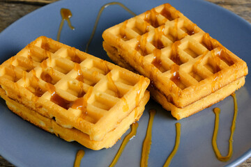 Soft waffles in a plate poured with honey.