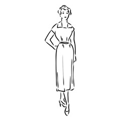 Black and white retro fashion model in sketch style. Hand drawn vector illustration