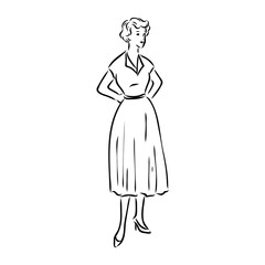 Black and white retro fashion model in sketch style. Hand drawn vector illustration