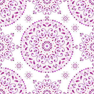 Pink and purple seamless pattern with mandala ornament. Traditional Arabic, Indian motifs. Great for fabric and textile, wallpaper, packaging or any desired idea.