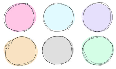 Abstract doodle black frames pastel set hand drawn. Cute round lines with circles, hearts, stars collection.