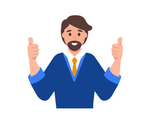 Young happy man shows thumb up. Gesture cool. Smiling man cartoon character. Successful businessman. Vector illustration gesture language concept.