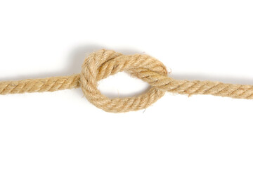 Rope tied into knot, white background.