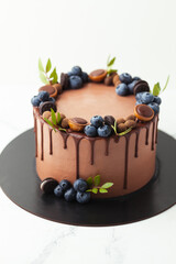 Brown birthday chocolate cake decorated with bluberries, candies and chocolate drips on top. White background.