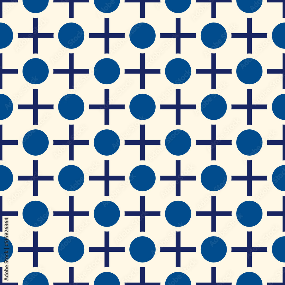 Poster Polka dot and crosses classic ornament. Repeated circles seamless pattern. Simple geometric shape background. Minimalist geo print