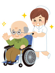 看護師の女性が車椅子に乗ったおじいさんと散歩している