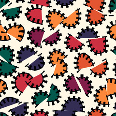 Half circle seamless pattern. Irregular chaotic sliced pieces motif. Hand drawn modern simple geo ornament. Brushstrokes funny print. Freehand doodle design background