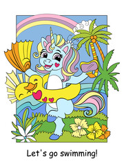Cute unicorn in an inflatable circle with fins color illustration