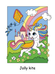 Cute summer unicorn with kite color illustration