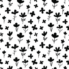 Simple flowers. Floral ornament in the style of primitivism. Abstract background. Scandinavian folk style seamless floral pattern. Ornate template for design, textile, wallpaper, clothing, ceramics.