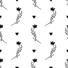 Silhouettes of wildflowers and black hearts scattered on white background. Floral seamless pattern with doodle elements.