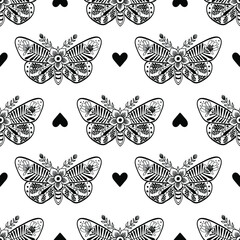 Butterflies decorated with wildflowers. Doodle artwork. Moth with floral motif and black hearts. Hand-drawn black print for fabric, wrapping paper, wallpaper or any prints. 