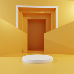 3d rendering of a white round podium on a bright yellow background with circles