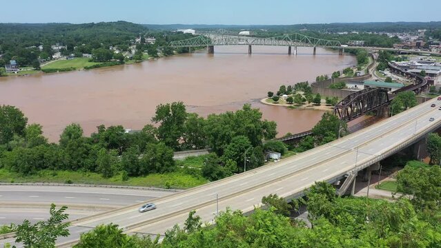 Panoramic Aerial Views Of Parkersburg, West Virginia, WV, At The Confluence Of The Ohio And Little Kanawha Rivers.