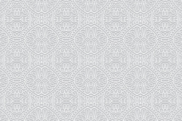 Embossed light background, ethnic cover design. Geometric trendy openwork 3D pattern. Tribal ornaments based on East, Asia, India, Mexico, Aztecs, Peru for design and decor. 