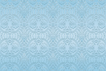 Embossed blue background, ethnic cover design. Geometric unique lace 3D pattern. Tribal ornaments based on East, Asia, India, Mexico, Aztecs, Peru for design and decor.
