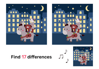 Find differences. Educational game with Bremen town musicians characters. Kawaii cartoon animals. Classical fairy tale. Puzzle for kids. Vector illustration.