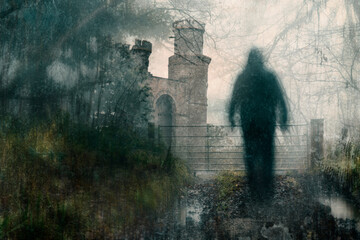 A double exposure of spooky castle. With a blurred ghostly figure on a path in a forest on a bleak winters day