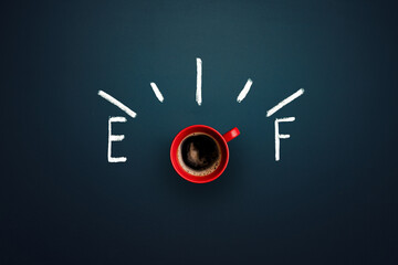 Cup of Coffe as Power Control at Maximum Value. Creative concept of morning energy, vitality. - 515931534